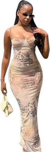 Women Y2K Floral Print Spaghetti Strap Long Dress Vintage Bodycon Club Party Maxi Dress in Saudi Arabia