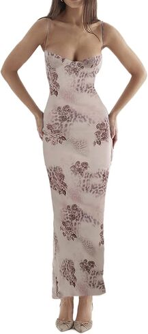 Women Y2K Floral Print Spaghetti Strap Long Dress Vintage Bodycon Club Party Maxi Dress in Saudi Arabia
