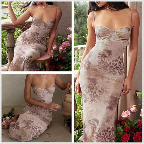 Women Y2K Floral Print Spaghetti Strap Long Dress Vintage Bodycon Club Party Maxi Dress in Saudi Arabia