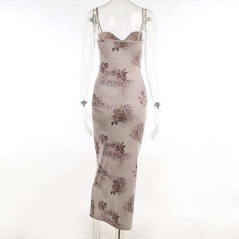 Women Y2K Floral Print Spaghetti Strap Long Dress Vintage Bodycon Club Party Maxi Dress in Saudi Arabia