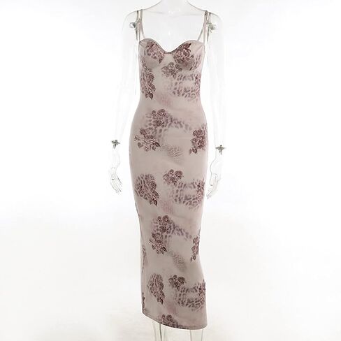 Women Y2K Floral Print Spaghetti Strap Long Dress Vintage Bodycon Club Party Maxi Dress in Saudi Arabia