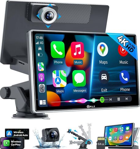 PLZ 7 بوصات محمولة لاسلكية Apple Car Play Car Stereo تعمل باللمس، جهاز إرسال FM بلوتوث، توصيل Carplay Android Auto، Dashcam 4K، مستشعر G، تعتيم السطوع التلقائي، كاميرا احتياطية، ملاحة in Kuwait