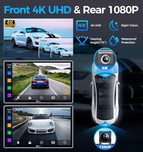 PLZ 7 بوصات محمولة لاسلكية Apple Car Play Car Stereo تعمل باللمس، جهاز إرسال FM بلوتوث، توصيل Carplay Android Auto، Dashcam 4K، مستشعر G، تعتيم السطوع التلقائي، كاميرا احتياطية، ملاحة in Kuwait