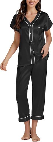 LYANER Satin Pajama Set for Women Short Sleeve V Neck Silky Shirt with Capri Pants Button Down PJs Soft Loungewear in Saudi Arabia