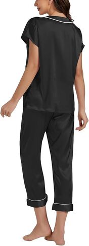 LYANER Satin Pajama Set for Women Short Sleeve V Neck Silky Shirt with Capri Pants Button Down PJs Soft Loungewear in Saudi Arabia