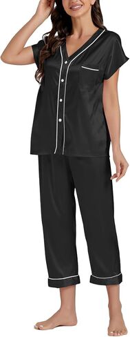 LYANER Satin Pajama Set for Women Short Sleeve V Neck Silky Shirt with Capri Pants Button Down PJs Soft Loungewear in Saudi Arabia
