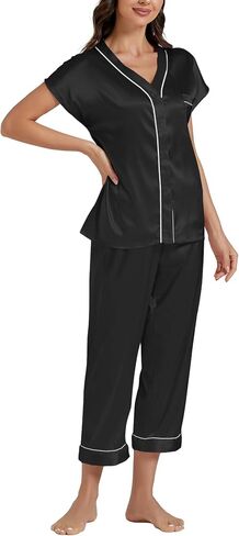 LYANER Satin Pajama Set for Women Short Sleeve V Neck Silky Shirt with Capri Pants Button Down PJs Soft Loungewear in Saudi Arabia