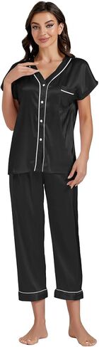 LYANER Satin Pajama Set for Women Short Sleeve V Neck Silky Shirt with Capri Pants Button Down PJs Soft Loungewear in Saudi Arabia