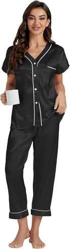 LYANER Satin Pajama Set for Women Short Sleeve V Neck Silky Shirt with Capri Pants Button Down PJs Soft Loungewear in Saudi Arabia