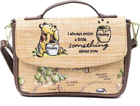Disney Vegan Leather Fold Over Cross Body Bag for Women, Winnie the Pooh Embroidered Pooh and Friends Pose, Raffia Straw in Saudi Arabia