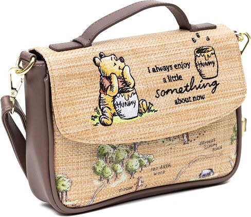 Disney Vegan Leather Fold Over Cross Body Bag for Women, Winnie the Pooh Embroidered Pooh and Friends Pose, Raffia Straw in Saudi Arabia
