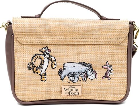 Disney Vegan Leather Fold Over Cross Body Bag for Women, Winnie the Pooh Embroidered Pooh and Friends Pose, Raffia Straw in Saudi Arabia