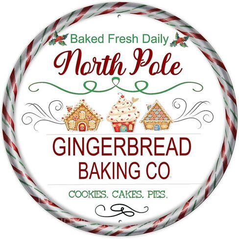 لافتة معدنية دائرية من القصدير لتزيين الحائط الريفي لعيد الميلاد والزنجبيل ومنزل العطلات علامة إكليل مناسبة للمنزل والحديقة والمطبخ والبار والمقهى والجراج القديم مقاس 12 × 12 بوصة in Kuwait