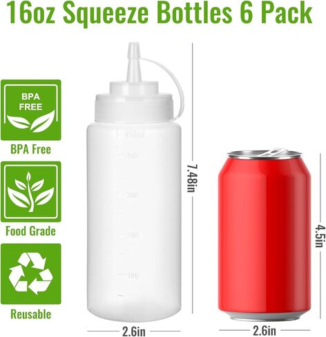 STARSIDE 6 عبوات من زجاجات ضغط بلاستيكية سعة 16 أونصة، زجاجة بهارات قابلة لإعادة الاستخدام، صلصة شواء محلية الصنع، زيت، زجاجات ضغط بوسطن، زجاجات طلاء الكاتشب، موزع بهار السوائل in Kuwait