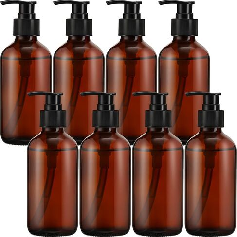 8 Pack Glass Pump Bottles with Black Lotion Pumps, 8 oz Refillable Pump Bottles Dispenser Thick Glass Lotion Soap Shampoo Containers Multipurpose for Cosmetic Kitchen Bathroom (Brown) in Saudi Arabia