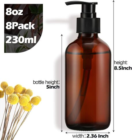8 Pack Glass Pump Bottles with Black Lotion Pumps, 8 oz Refillable Pump Bottles Dispenser Thick Glass Lotion Soap Shampoo Containers Multipurpose for Cosmetic Kitchen Bathroom (Brown) in Saudi Arabia