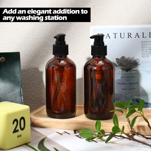 8 Pack Glass Pump Bottles with Black Lotion Pumps, 8 oz Refillable Pump Bottles Dispenser Thick Glass Lotion Soap Shampoo Containers Multipurpose for Cosmetic Kitchen Bathroom (Brown) in Saudi Arabia