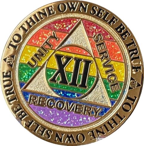 12 Year AA Medallion Reflex Rainbow Glitter and Gold Plated Sobriety Chip XII in Saudi Arabia