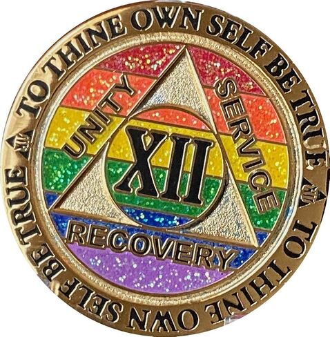 12 Year AA Medallion Reflex Rainbow Glitter and Gold Plated Sobriety Chip XII in Saudi Arabia