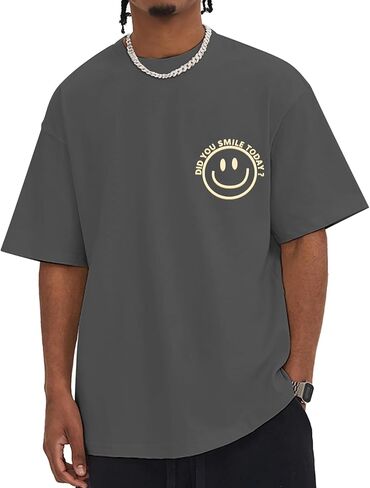 Men's T Shirts Smile Face Graphic Tees Oversized Tshirts Heavyweight Athletic Workout Short Sleeve Cotton Tops in Saudi Arabia