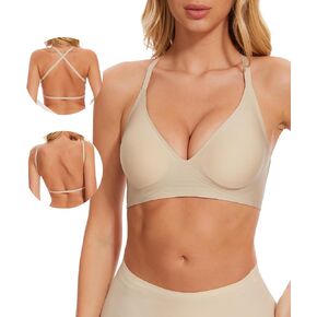 Jenbou Women's Low Back Bra Wirefree Seamless Bras Push Up Backless Bralette Multiway Convertible V Neck Straps Bra