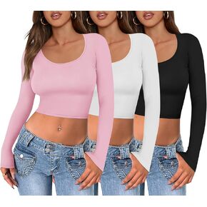 Ekouaer 3 Piece Long Sleeve Crop Tops for Women Scroop Neck Lightweight T Shirts Tight Fitted Y2k Tee S-XXL
