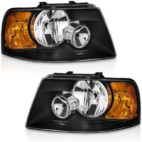 Headlights Assembly Compatible with 2003-2006 Ford Expedition, Replacement for 03-06 Headlight Black Housing Amber Reflector L+R Side Pair