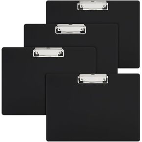 4 Pack Black Plastic Clipboards with Low Profile Clip, 12.4 x 8.9 Horizontal Lap Clip Boards, Landscape Layout, Letter Size for Drawing, Sketching, Art Supplies