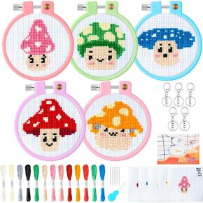WATINC Beginners Embroidery Kits - 9PCS DIY Keychain with Mushroom Pattern Cross Stitch Beginner Kit for Kids Needle Point Starter Kit Sewing Set with Instructions for Children Adults