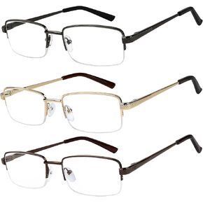 Reading Glasses Set of 3 Half Rim Metal Glasses for Reading Quality Spring Hinge Readers Men and Women