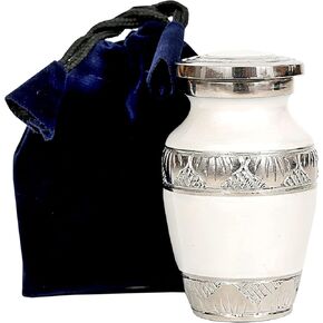 hlc Lovely White & Silver Small Keepsake Urn Qnty 1 - Mini Keepsake Urn for Human Ashes with 1 Velvet Box Bag-Keepsake Urn -Beautiful Peaceful Mini Memorial Affordable Keepsake Urn (3.5 "in)
