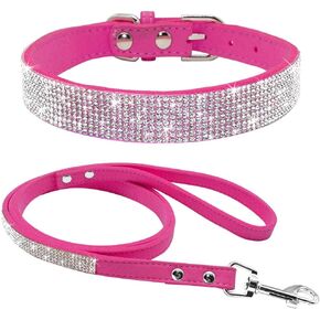 Cute Dazzling Sparkling Elegant Fancy Soft Suede Leather Bling Rhinestone Crystal Jeweled Pet Cat Dog Puppy Collar Dog Leash Combo Set (XS(Neck8-10), Pink)