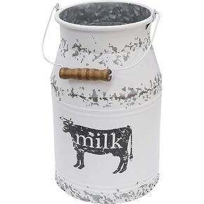 Metal Big Cow Galvanized Milk Can with Wooden Handle, Rustic White Farmhouse Vase Planter, Primitive Decorative Flower Holder for Home Wedding Table Centerpiece Decor Large - 11"
