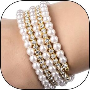 Pearl Cubic Zirconia Bracelet for Women Teen Girls,Charming Stretch Multi Layered Rhinestone Bangle,Aesthetic Wedding Jewelry Gift