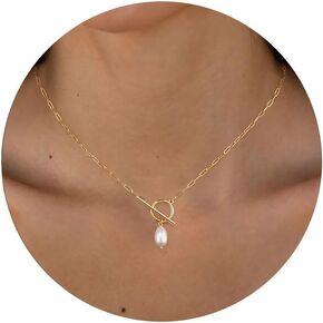 Dainty Pearl Pendant Necklaces for Women Girls 14k Gold/Silver Plated Layered Pearl Chain Necklace Trendy Simple Box Paperclip Chain Pearl Necklace Gold Pearl Necklace Wedding Beach Gold Jewelry Gift for Women