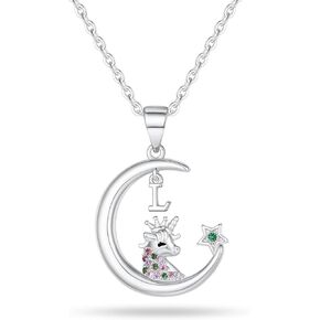 Unicorn Necklace for Girls,White Gold/Rose Gold Plated CZ Moon Pendant Unicorn Necklaces for Little Girls Unicorns Gifts for Girls Initial Unicorn Necklace Kids Jewelry Unicorn Gifts for Girls
