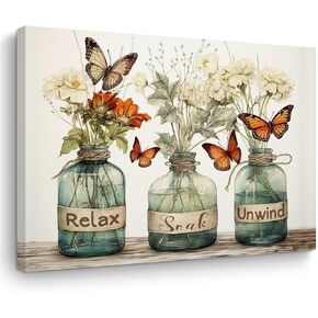 Bathroom Wall Decor Flower Wall Decor Canvas Wall Art Butterfly Flowers Vase Botanical Wall Art Bathroom Signs Framed Poster Artwork Prints Pictures for Home Office Bedroom Living Room 15" x 11.4"