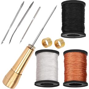 Tanstic 10Pcs Leather Sewing Awl Kit, Includes Leather Sewing Awl Needle with Copper Handle, 3 Colors Nylon Cord Thread and Thimbles for Handmade DIY Sewing Repairing Canvas Leather
