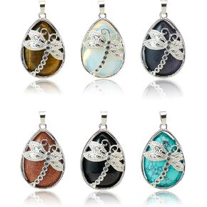 6 Pieces Natural Stone Pendant Waterdrop Shape Healing Crystal Quartz Dragonfly Pattern Charm for Jewelry Making Necklace Bracelet DIY Gift