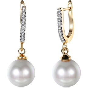 NewZenro Elegant 18K Gold Plated Cubic Zirconia Pearl Drop Dangle Earrings For Women Girls Gift Small Huggie Hoop Fashion Dainty Ball Dangling Jewelry Gifts Mom Wife Girlfriend Bff Birthday