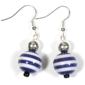 Navy Girl, Dark Navy Blue Striped Earrings on Silvertone French Wires