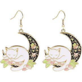 Moon Cat Earrings for Women Cute Gold Plated Enamel Anime Cartoon Sleeping Animal Sailor Moon Cat Earrings Animal Carved Crescent Moon Earrings Jewelry Gifts