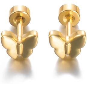 Cute 18G Butterfly Screw Flat Back Small Tiny Stud Earrings for Women Teen Girls Minimalist Surgical Steel Gold Plated Animal Cartilage Tragus Piercing Little Studs Hypoallergenic Gift