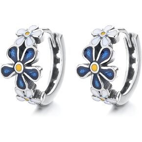 Kokoma Vintage Blue Daisy Flower Small Hoop Earrings for Women Girls 925 Sterling Silver Daisy Huggie Hinged Hoops Cartilage Earrings Elegant Ear Jewelry Gifts for Birthday Party
