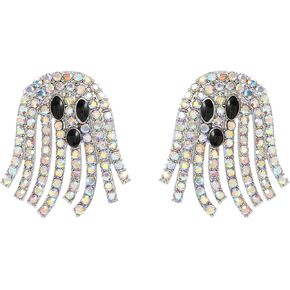 Ghost Stud Earrings for Women Cartoon Gothic Sparkly Crystal Skull Earrings White Rhinestone Iridescent Halloween Ghost Earrings Halloween Cosplay Jewelry Gift