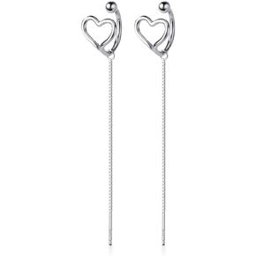 Love Heart Ear Cuffs Tassel Threader Dangling Earrings Sterling Silver for Women Teen Girls Dainty Long Chain Wrap Cartilage Earring Cute Jewelry Christmas Gifts