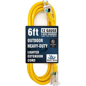 2 Pack - 1 ft - 12 Gauge Heavy Duty Extension Cord - Lighted SJTW - Indoor/Outdoor Extension Cord by Watt's Wires - Two Pack of 1' 12-Gauge Grounded 15 Amp Extension Cord Splitter