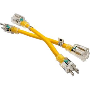 2 Pack - 1 ft - 12 Gauge Heavy Duty Extension Cord - Lighted SJTW - Indoor/Outdoor Extension Cord by Watt's Wires - Two Pack of 1' 12-Gauge Grounded 15 Amp Extension Cord Splitter
