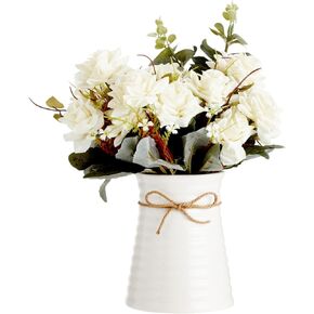 Farmlyn Creek White Roses Flower Vase, Silk Artificial Flowers Arrangement with Ceramic Pot (6.2 X 6.3 X 12 in)