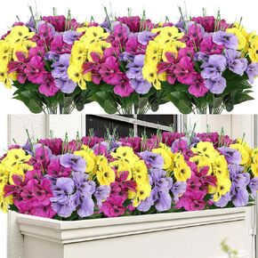 Dremisland 9 Bundles Artificial Pansy Flowers Outdoor UV Resistant Faux Flowers Silk Wild Daisy Flower for Outdoor Window Box Porch Home Garden Wedding Farmhouse Decor(White,Yellow,Light Purple)
